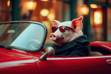 Naklejka premium Pig dressed as businessman, wearing sunglasses, driving a red sports car