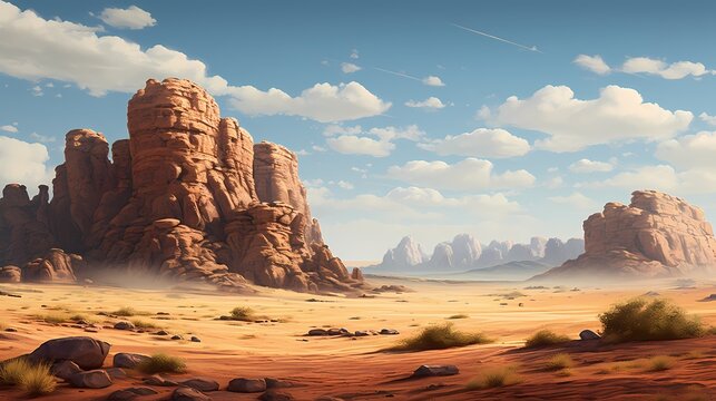 Timeless desert scene with ancient rock formations, narrating the geological history of the untouched wilderness