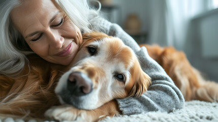 Golden Retriever Dog with old lady lying on her stomach with her pet dog, woman holding her pet dog smiling. a woman laying on a blanket with her dog.