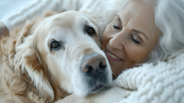 Golden Retriever Dog with old lady lying on her stomach with her pet dog, woman holding her pet dog smiling. a woman laying on a blanket with her dog.