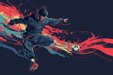 Asia man kicking a soccer ball illustration.