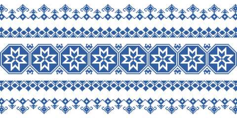 Ukrainian ornament in blue color,seamless border, pixel art