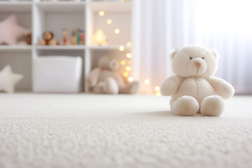 Children's room with a soft white carpet and toys.