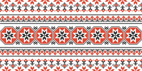 Ukrainian ornament,seamless border, pixel art