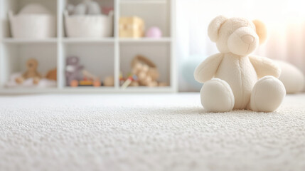 Fototapeta na wymiar Children's room with a soft white carpet and toys.