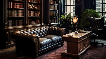 Timeless study room with a leather Chesterfield sofa, a mahogany desk, and a collection of classic books