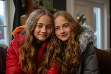 Fototapeta premium Two teenager girl friends in a house in winter clothes