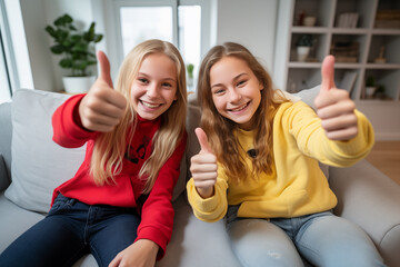 Two teenager girl friends in a house with thumb up