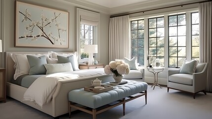 Tranquil bedroom retreat with a window seat, plush bedding, and a calming color palette