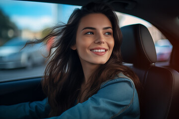 Fototapeta na wymiar Young pretty brunette girl inside a car