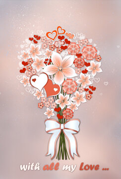 Valentine's day ,wedding day , Mothers day festive bouquet with flowers ,hearts and bow. Greeting card with love for the dearest one concept. Free copy space