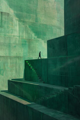 Image of a person walking up green stair.