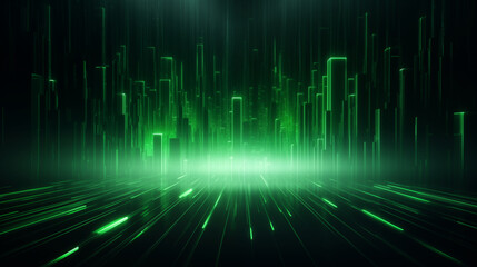 Abstract 3D background of green neon lines sliding down. Modern wallpaper.