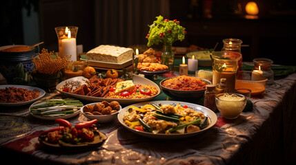 dining table full of healthy and organic food, fruits and vegetables, Muslims Ramadan concept photo