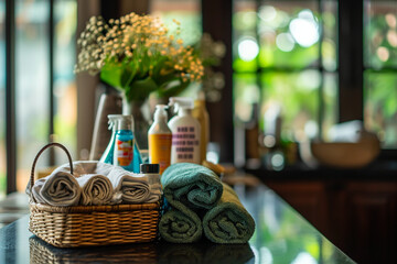 Obraz na płótnie Canvas hotel housekeeping staff with neatly arranged cleaning supplies, highlighting the commitment to cleanliness and guest satisfaction in a minimalistic photo
