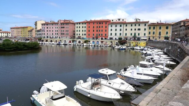 Scenic sight in the beautiful city of Livorno near the Fortezza Nuova, on a summer morning. Tuscany, Italy. July-22-2023