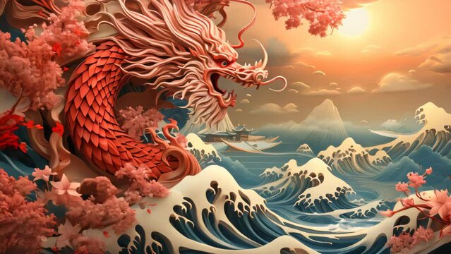 Chinese new year concept paper art style background. Dragon and cherry blossom red background.