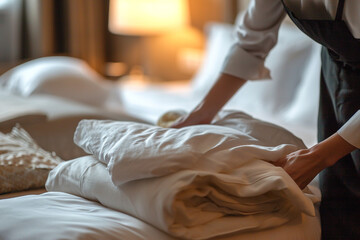 close-up of a hotel housekeeper meticulously arranging pillows and linens, emphasizing the dedication to cleanliness and comfort in a minimalistic photo - obrazy, fototapety, plakaty
