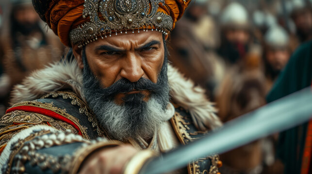 Salah ad-Din Yusuf ibn Ayyub, holding a sword preaparing for war with his elite army.