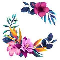 Wreath with watercolor colorful flowers and vibrant tropical leaves - 722102905