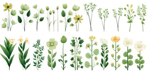 Forest green several pattern flower, sketch, illust, abstract watercolor, flat design, white background