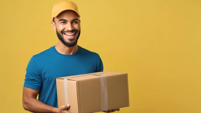 Portrait of delivery man send a package with copy space background.