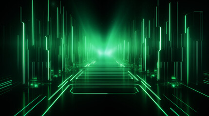 Abstract 3D background of green neon lines sliding down. Modern wallpaper.