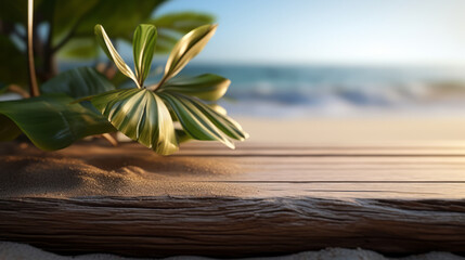 Empty summer holidays background. Horizontal travel banner for advertising product. Wooden table top in front.