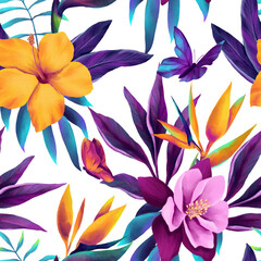 Neon colored tropical seamless pattern of butterflies, hibiscus, strelitzia flowers and palm leaves - 722103527