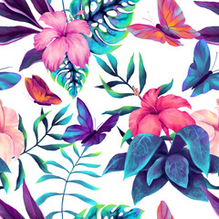 Seamless pattern of watercolor colorful tropical flowers, butterflies and palm bright blue leaves - 722103533