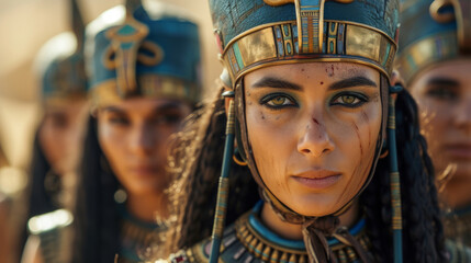 Queen commander warrior of ancient Egypt with her elite army behind. - obrazy, fototapety, plakaty