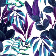 Seamless pattern of watercolor deep blue and purple tropical leaves - 722103587
