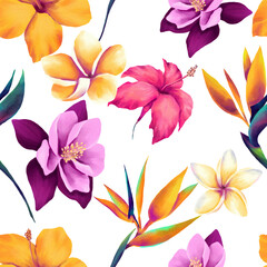 Fototapeta na wymiar Tropical seamless pattern with colorful flowers