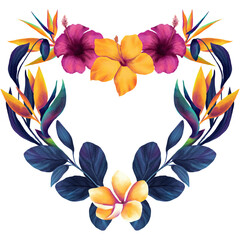 Heart shaped frame with neon colored tropical flowers, copy space - 722103941