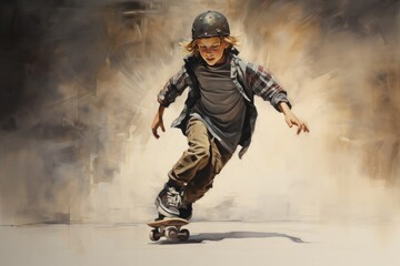Fototapeta premium Young skater boy riding on skateboard on dusty blurred background. Active hipster practicing extreme ride on boardwalk in city. Sporty skateboarder accelerating on skate board outdoors in slow motion