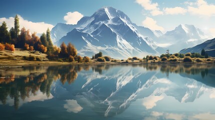 Tranquil lake surrounded by mountains and reflected in the calm water