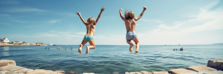 Two boys jump into the sea from a pier mid air portrait. Travel and vacation concept. Travel to warm countries. Family vacation. place for text banner - obrazy, fototapety, plakaty