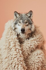 Close-up portrait of a wolf in sheep's clothing on a pale brown background.