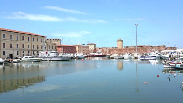 Scenic sight in the beautiful city of Livorno near the Fortezza Nuova, on a summer morning. Tuscany, Italy. July-22-2023