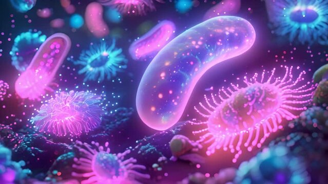 Micro bacterial. Bacteria Colony, Microbiome and Bacteria inside intestines. Microbes inside human gut. Gram positive bacteria, abstract probiotic bacteria such as lactobacillus, 3d animation. moving