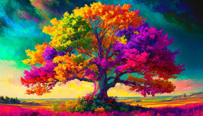 Colourful psychedelic art illustration of a large tree. Generative AI
