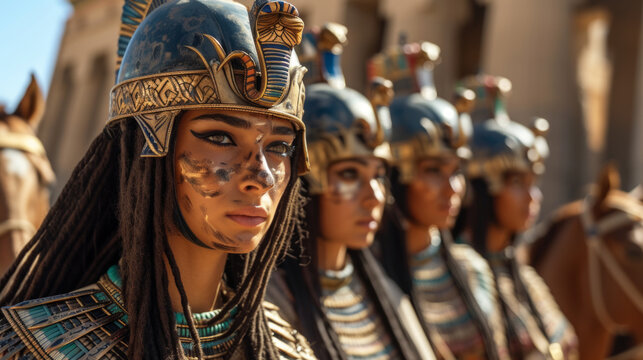 Ancient brave Egyptian female warriors in a old temple.