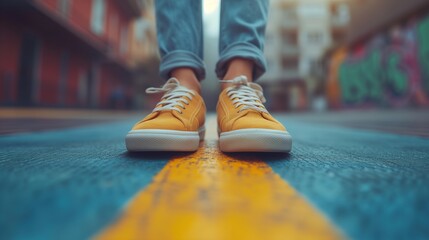 Ground-level view of yellow canvas shoes on a textured blue street, accented by a bright yellow road marking - obrazy, fototapety, plakaty