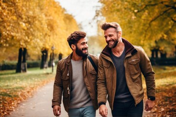 Couple of multi ethnic men having fun and smiling in the park, lgbt concept. Happy young gay couple enjoying a walk in the park together during a date. Lgbt couple concept - obrazy, fototapety, plakaty