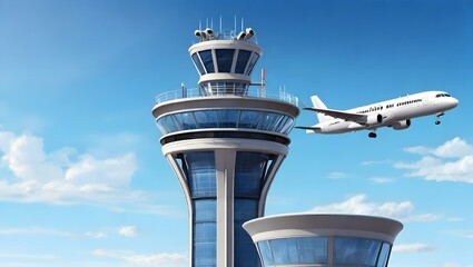 airport control tower in flight - obrazy, fototapety, plakaty