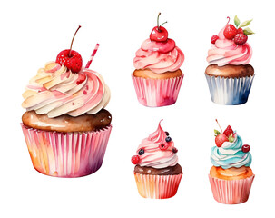 The sweet and vibrant collection of watercolor-style cupcakes, set delectable desserts, and birthday cakes. Perfect for embellishing birthday cards, menus, clipart, invitations, and cute stickers.