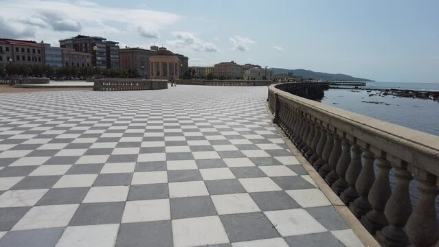 Scenic sight of the beautiful Mascagni Terrance in the city of Livorno on a sunny summer morning. Tuscany, Italy.