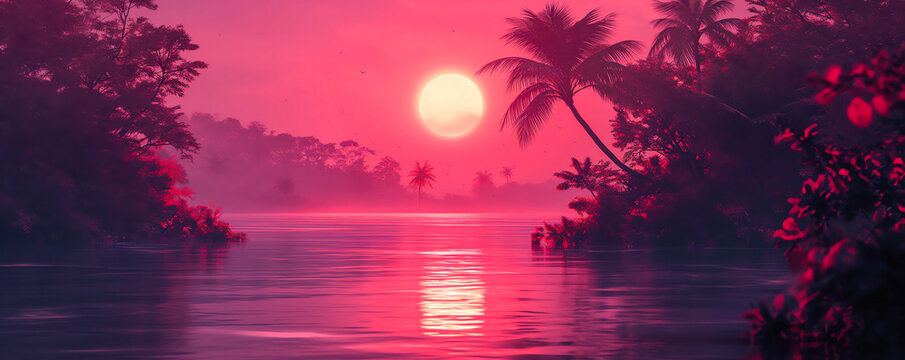 surreal psychedelic artwork of a tropical synthwave beach at the ocean with palm trees and beauty island sunset