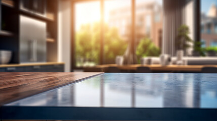 Fototapeta premium Kitchen table top with blurred modern interior