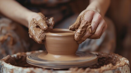 Fototapeta na wymiar Hand Of Man Working On Wheel For Ceramics